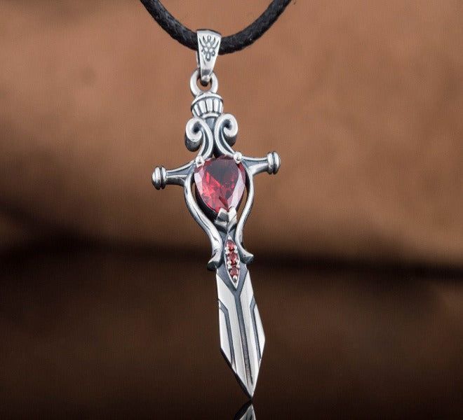 Handcrafted Sterling Silver Viking Sword Pendant | Red Cubic Zirconia - Image 5
