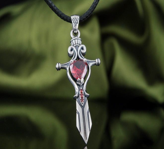 Handcrafted Sterling Silver Viking Sword Pendant | Red Cubic Zirconia - Image 6