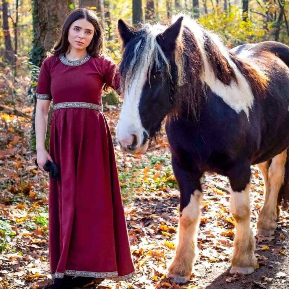 Red Short Sleeve Viking Dress | Viking Era Style with Embroidered Trim