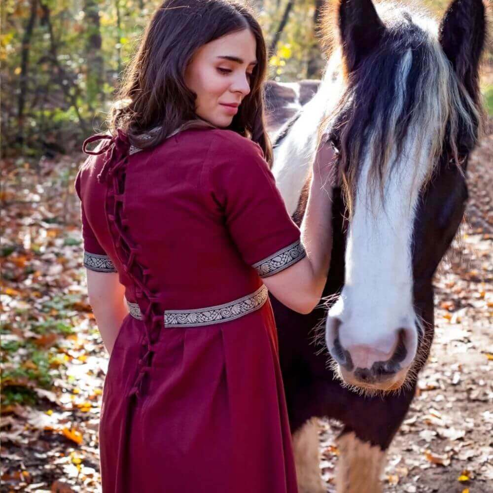 Red Short Sleeve Viking Dress | Viking Era Style with Embroidered Trim - Image 2