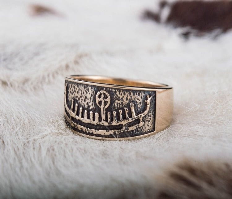 Ring with Drakkar Symbol Bronze Handcrafted Norse Ring - Image 3