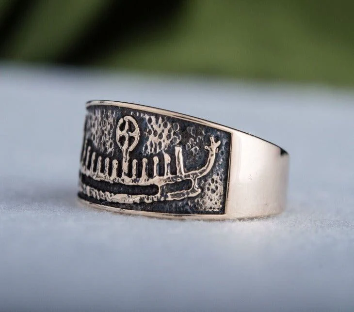 Ring with Drakkar Symbol Bronze Handcrafted Norse Ring - Image 6