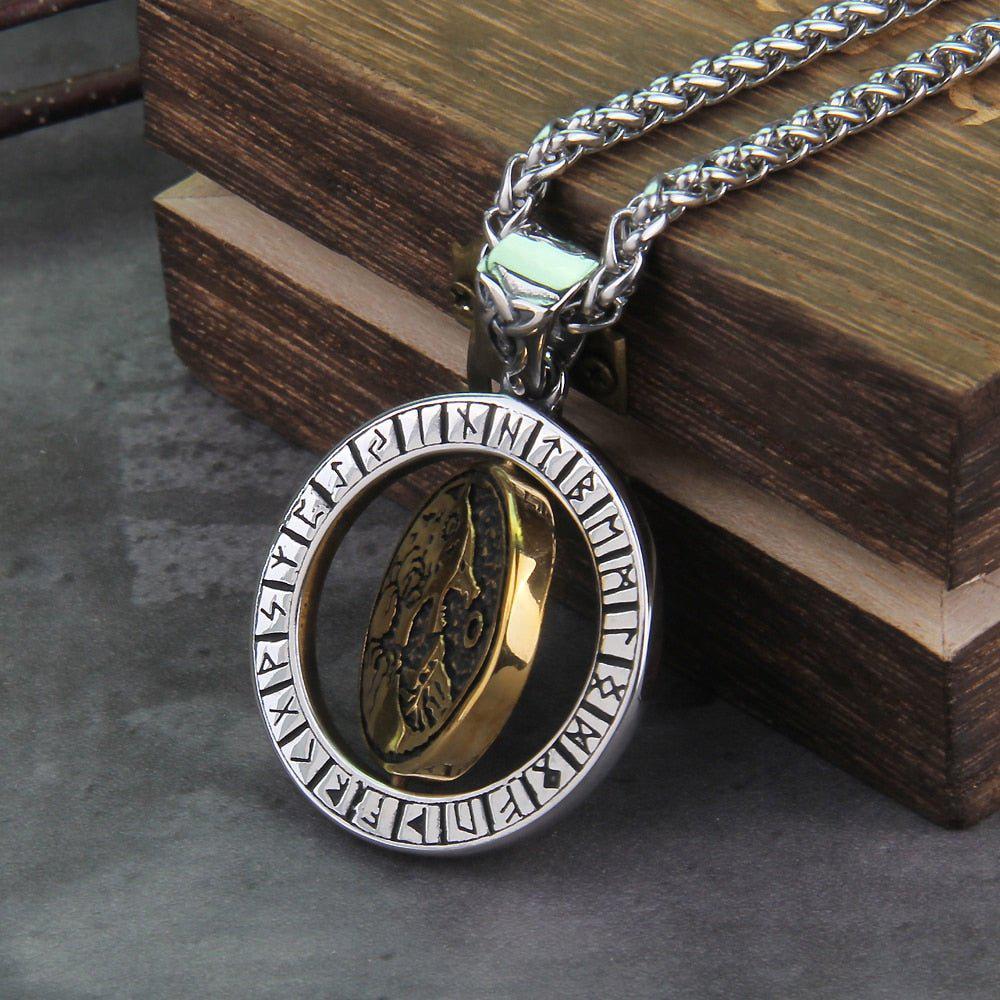 Rotating Fenrir Rune Pendant | Steel Norse Mythology Necklace - Image 4