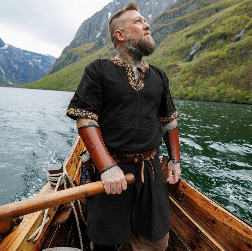 Black Viking Tunic with Short Sleeves, Embroidered Border - Image 3