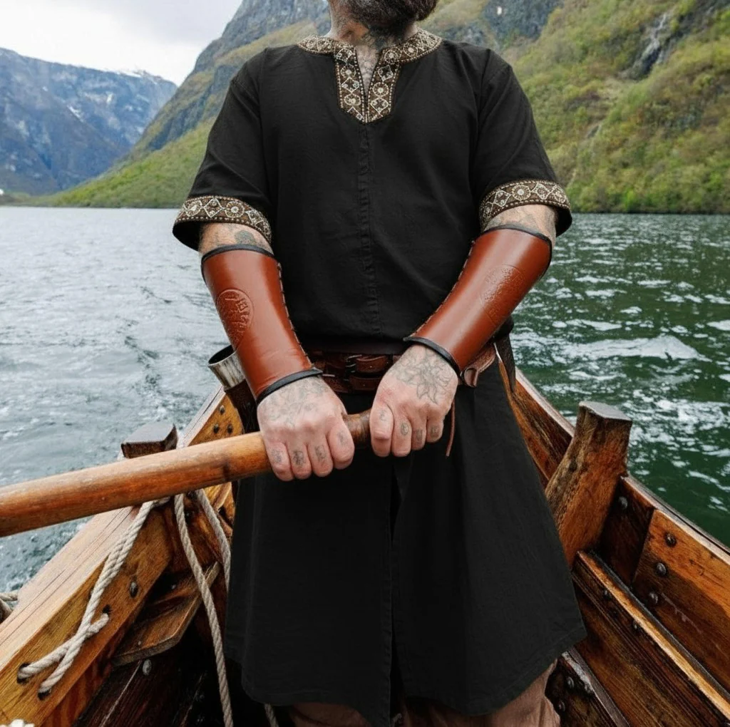 Black Viking Tunic with Short Sleeves, Embroidered Border - Image 5