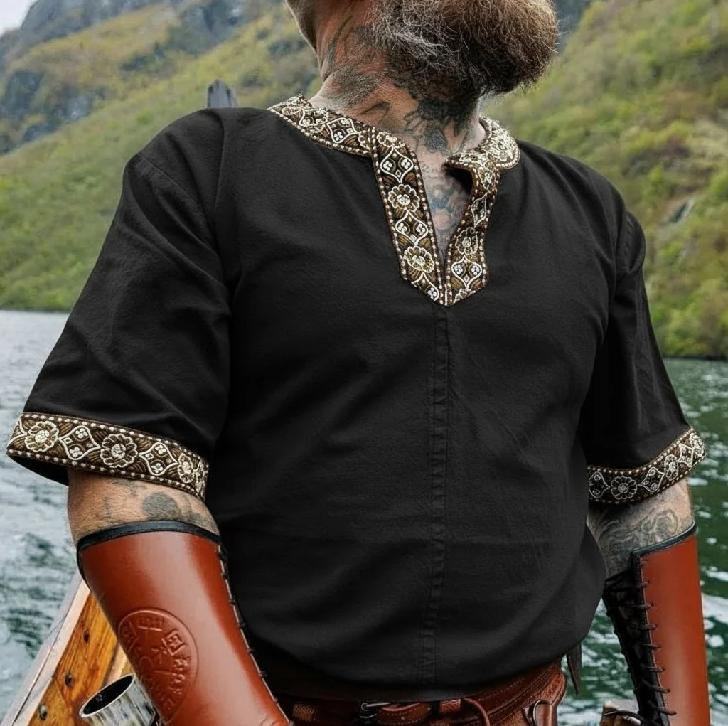 Black Viking Tunic with Short Sleeves, Embroidered Border - Image 6