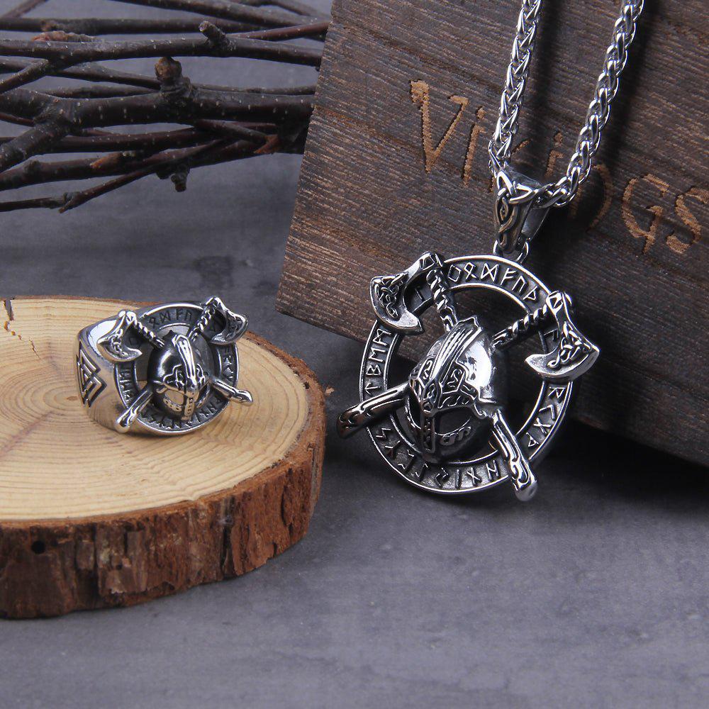 Viking Necklace And Ring Set - Helmet with Cross Axes - Image 2