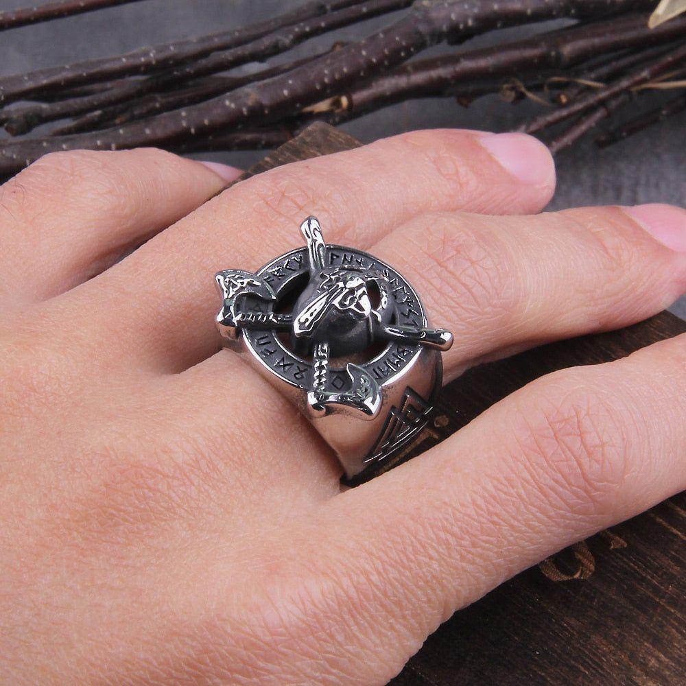 Viking Necklace And Ring Set - Helmet with Cross Axes - Image 4