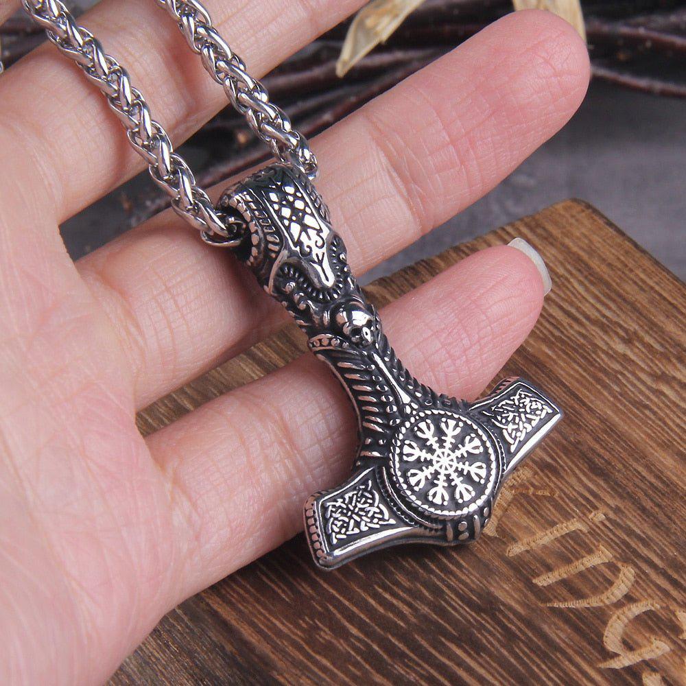 Skull Thor's Hammer Mjolnir with Helm of Awe Seal Pendant Necklace - Image 3