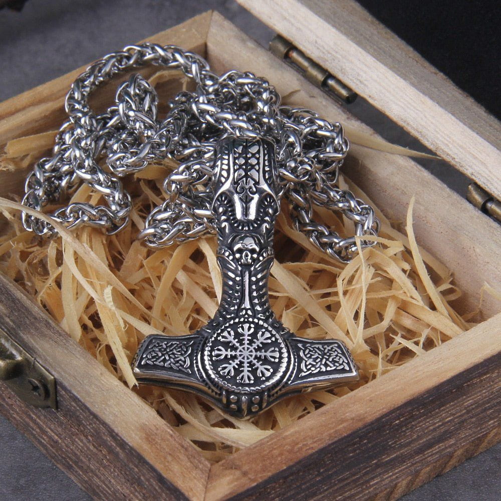 Skull Thor's Hammer Mjolnir with Helm of Awe Seal Pendant Necklace - Image 4