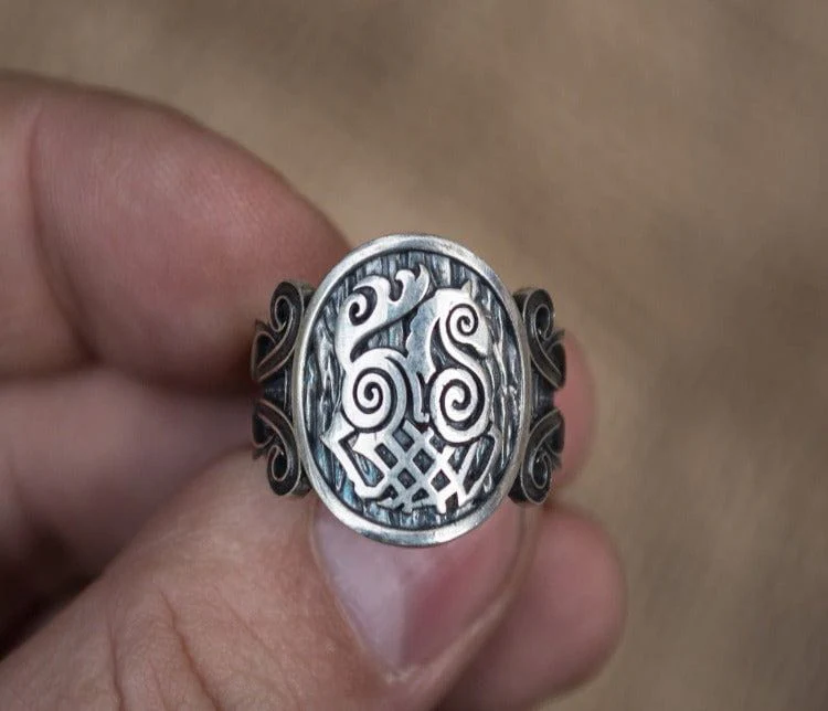 Sleipnir Symbol with Viking Ornament Sterling Silver Norse Ring - Image 2
