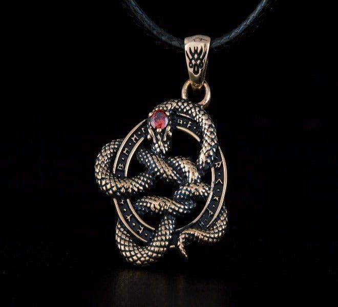 Norse Runes Snake Pendant | Bronze Necklace with Red Cubic Zirconia - Image 3