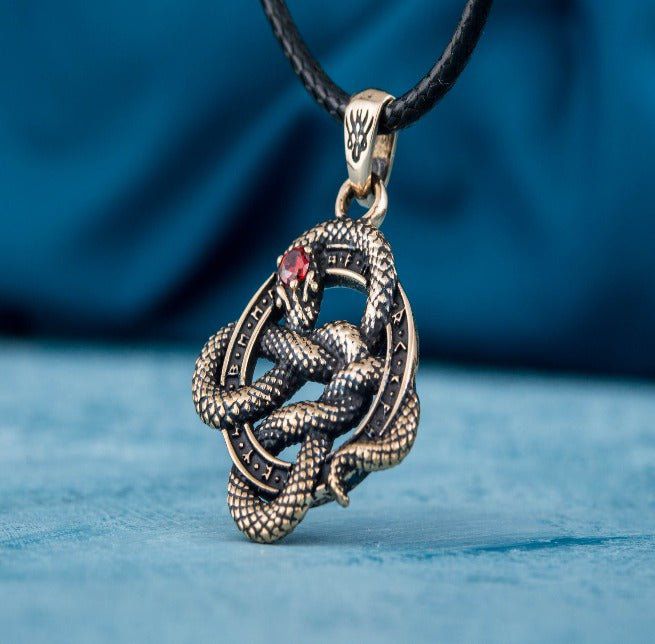 Norse Runes Snake Pendant | Bronze Necklace with Red Cubic Zirconia - Image 5