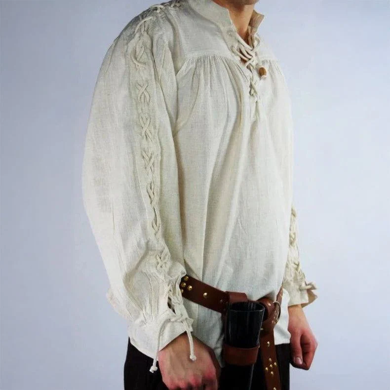 Natural White Stand-Up Collar Lace-Up Shirt | Adjustable Sleeves - Image 3