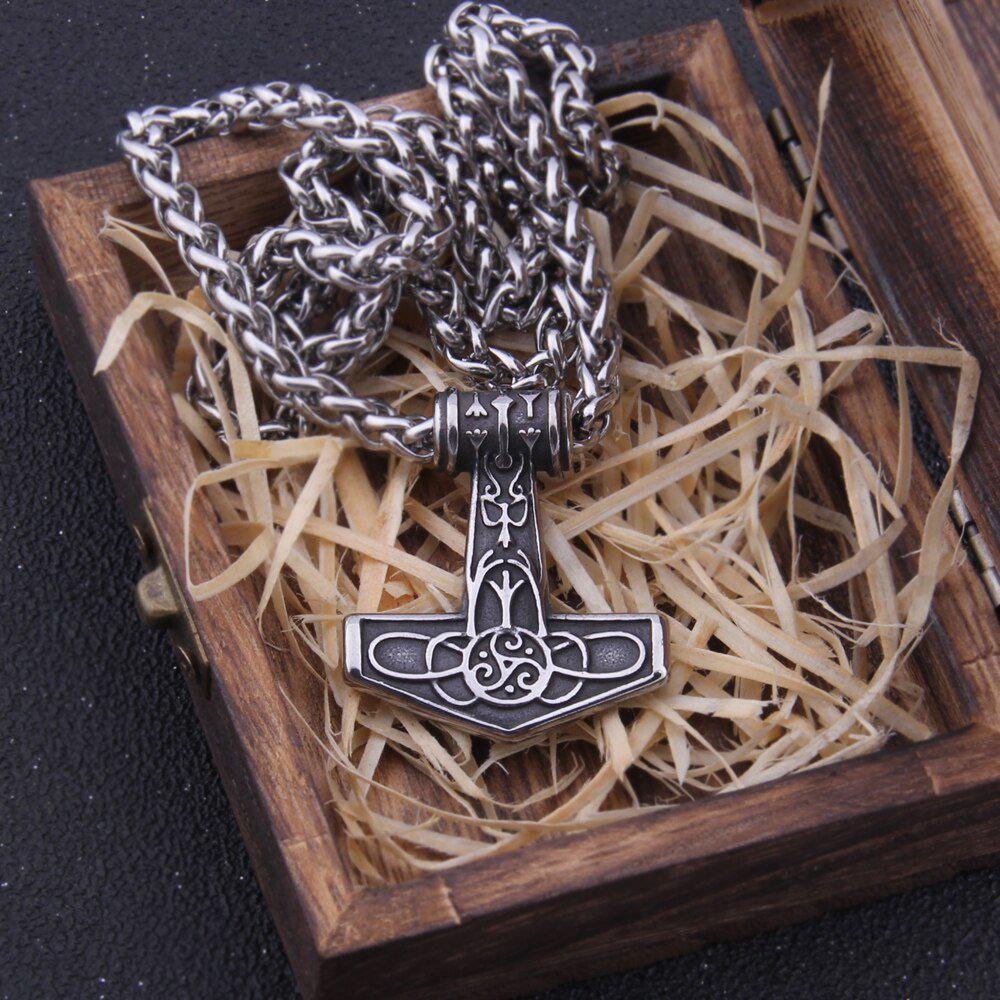 Steel and Gold Delicate Triskele Knotwork Thor's Hammer Mjolnir Necklace - Image 3