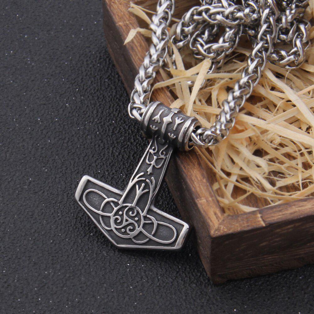 Steel and Gold Delicate Triskele Knotwork Thor's Hammer Mjolnir Necklace - Image 4