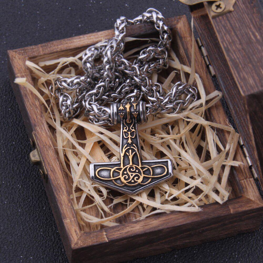 Steel and Gold Delicate Triskele Knotwork Thor's Hammer Mjolnir Necklace - Image 5
