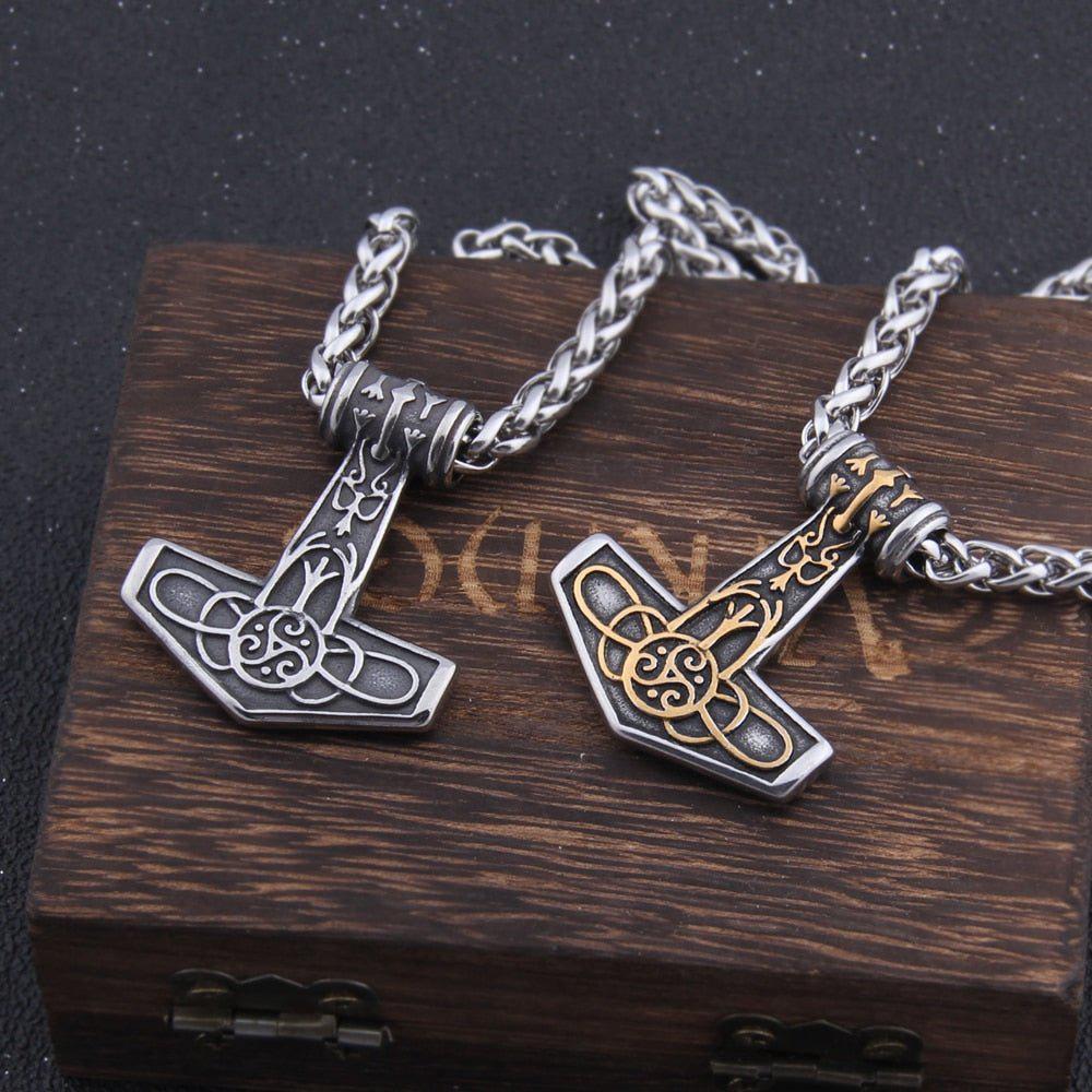 Steel and Gold Delicate Triskele Knotwork Thor's Hammer Mjolnir Necklace - Image 6