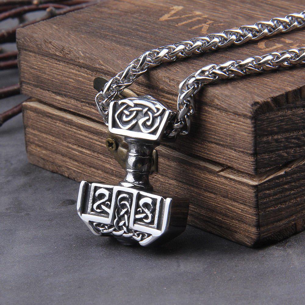 Steel Knotwork Heavy Thor's Hammer Mjolnir Pendant Necklace - Image 2
