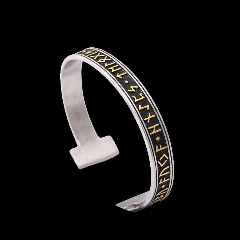 Steel Stamped Futhark Rune Bangle Bracelet - Image 2