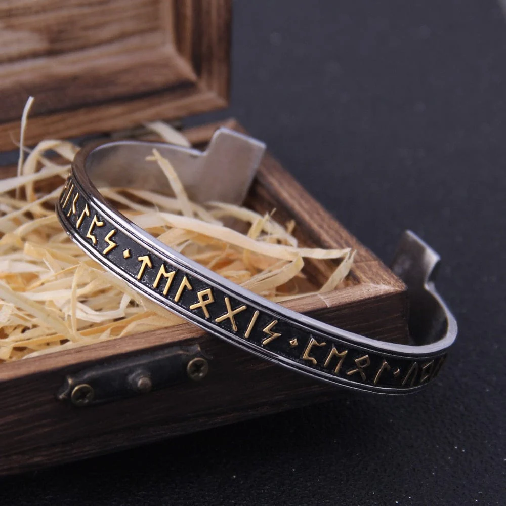 Steel Stamped Futhark Rune Bangle Bracelet - Image 3