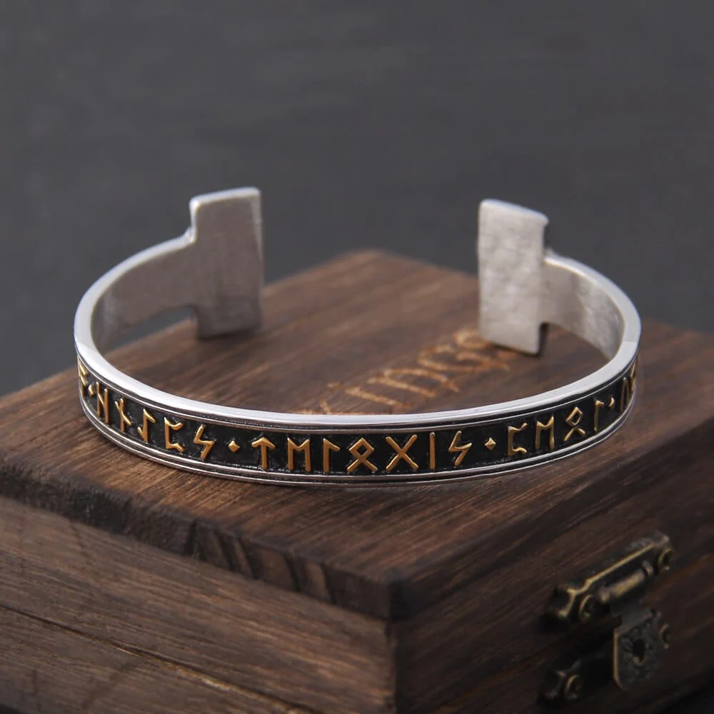 Steel Stamped Futhark Rune Bangle Bracelet - Image 4