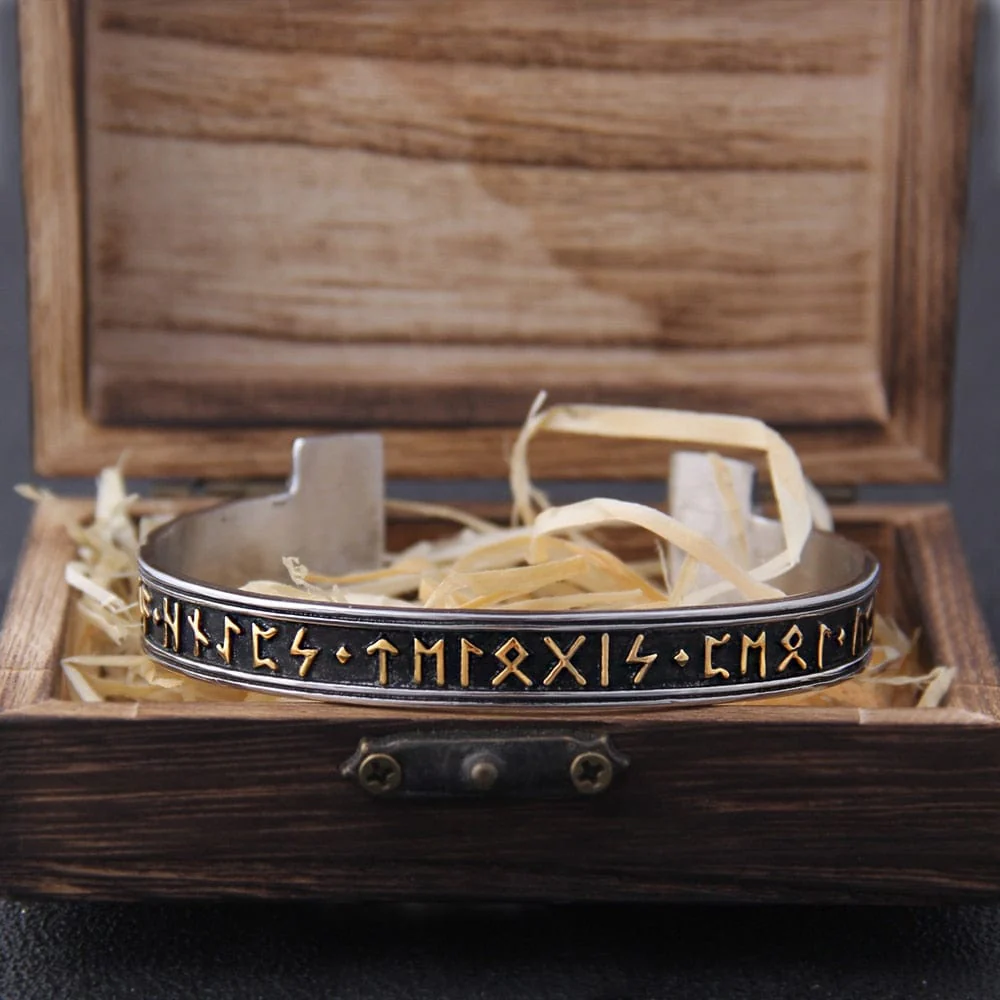 Steel Stamped Futhark Rune Bangle Bracelet - Image 6