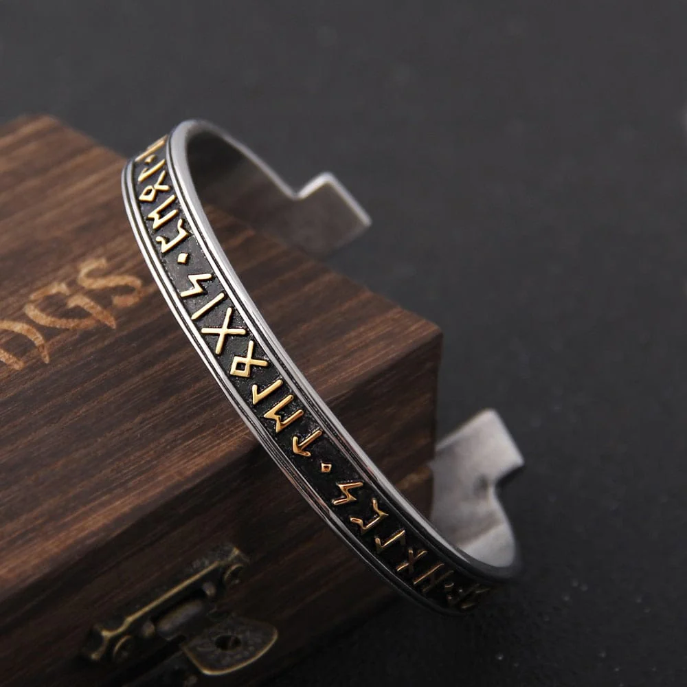 Steel Stamped Futhark Rune Bangle Bracelet - Image 8