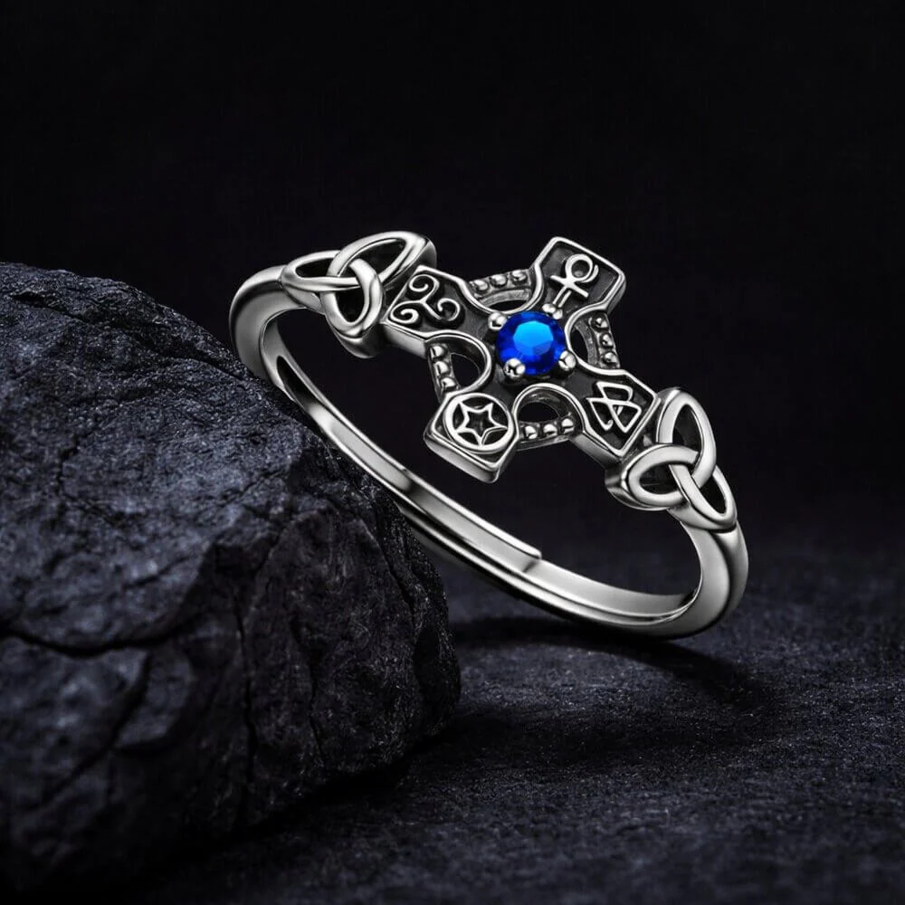 Sterling Silver Celtic Cross Ring with Blue Stone