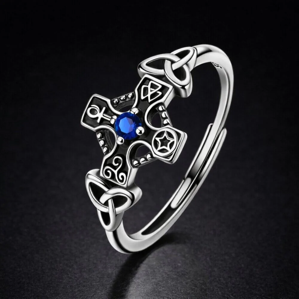 Sterling Silver Celtic Cross Ring with Blue Stone - Image 2