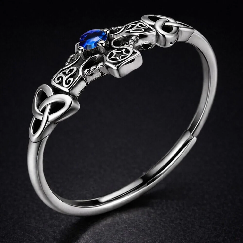 Sterling Silver Celtic Cross Ring with Blue Stone - Image 3