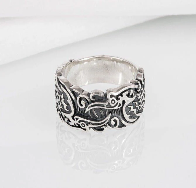Ravens and Ornaments Viking Ring | Handcrafted Sterling Silver - Image 3