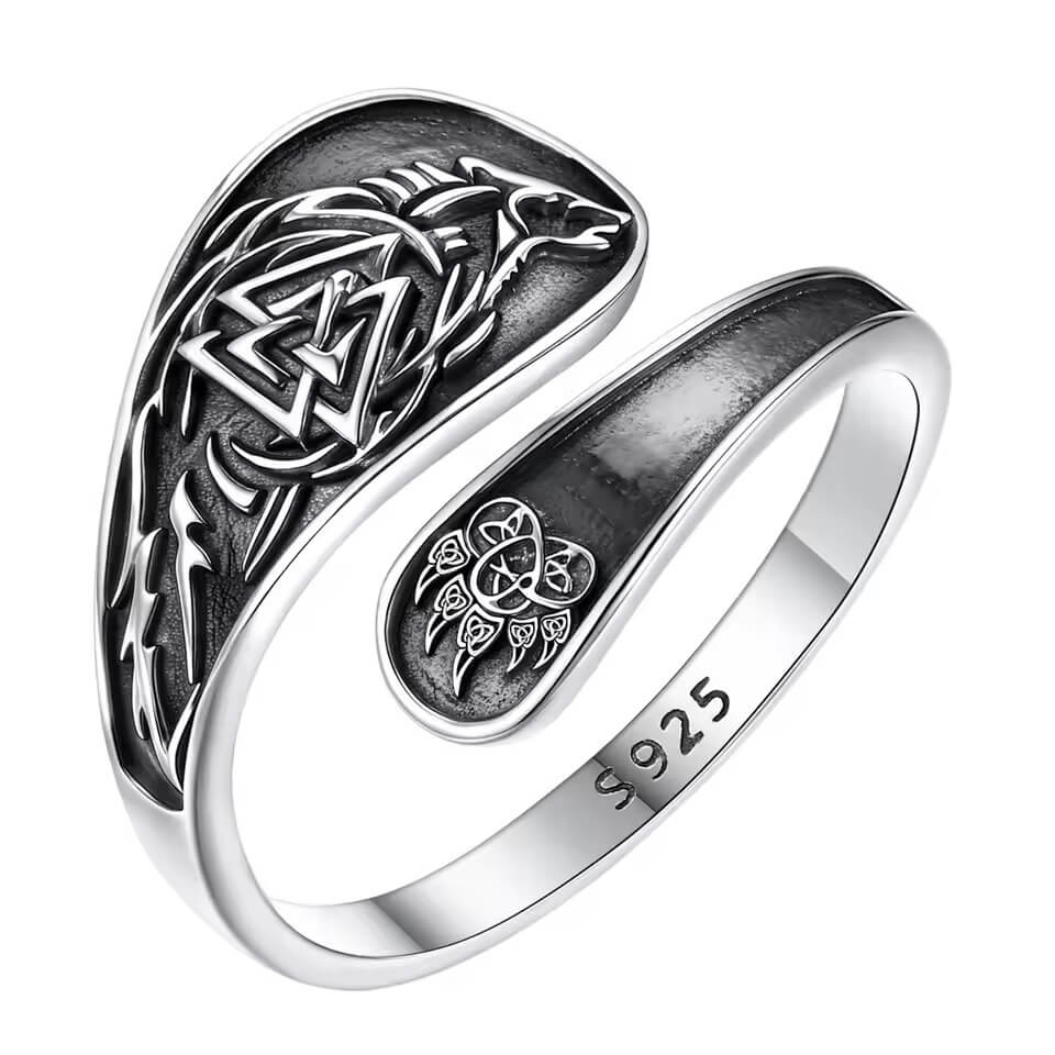 Sterling Silver Viking Wolf Valknut Ring - Image 2