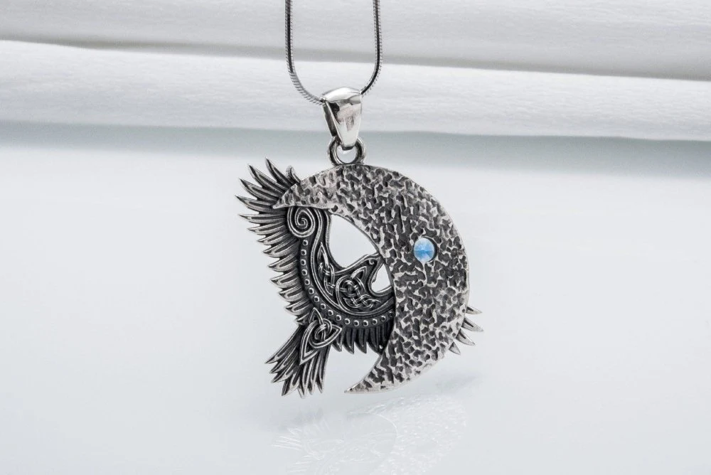 Unique 925 Silver Raven Pendant With Gem, Handmade Jewelry - Image 3