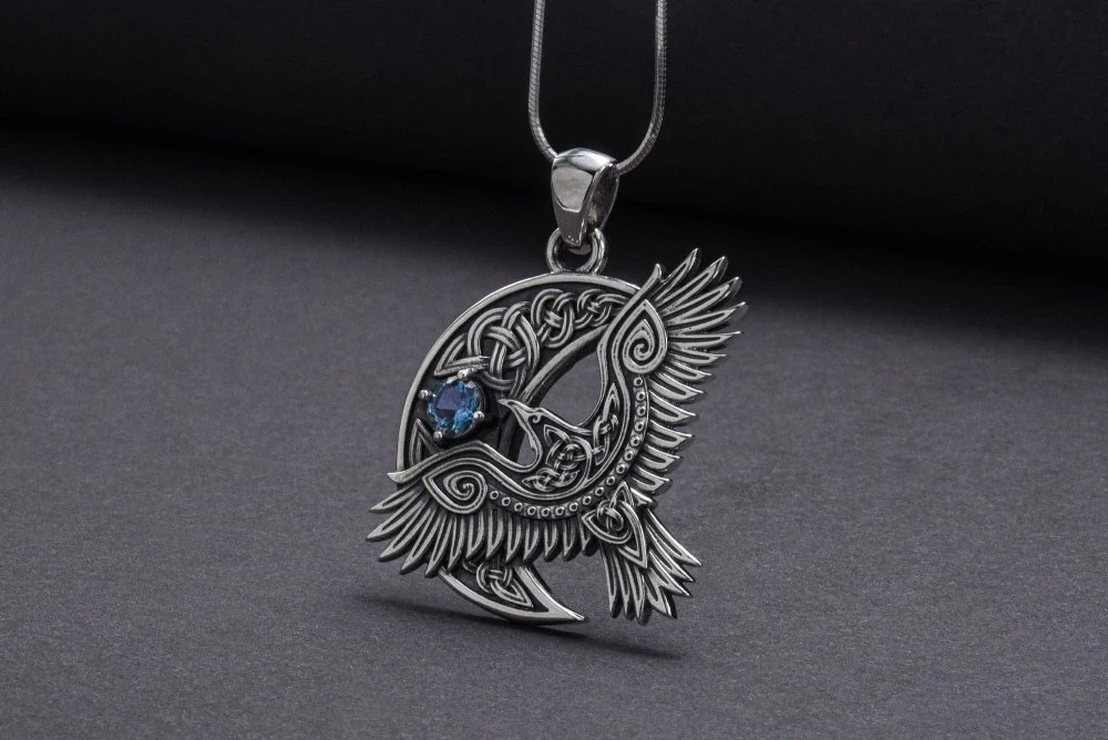 Unique 925 Silver Raven Pendant With Gem, Handmade Jewelry - Image 5