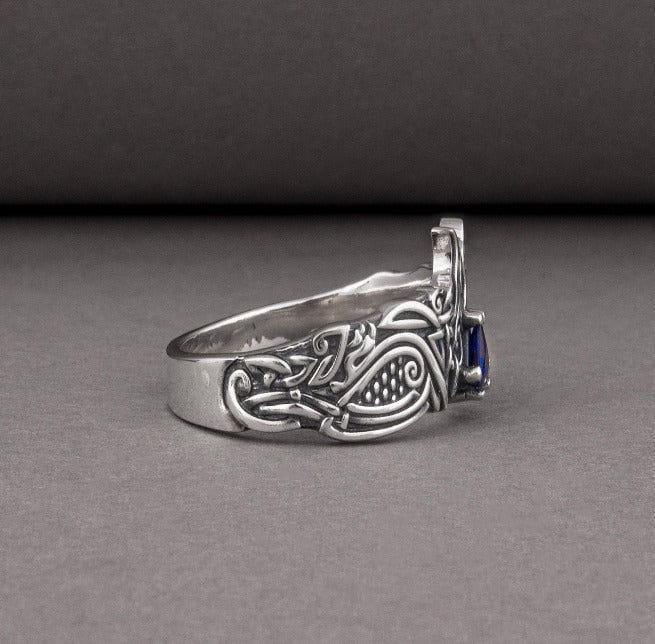 Unique Viking ravens ring with blue gem, handcrafted norse ornament jewelry - Image 5