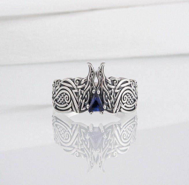Unique Viking ravens ring with blue gem, handcrafted norse ornament jewelry - Image 6