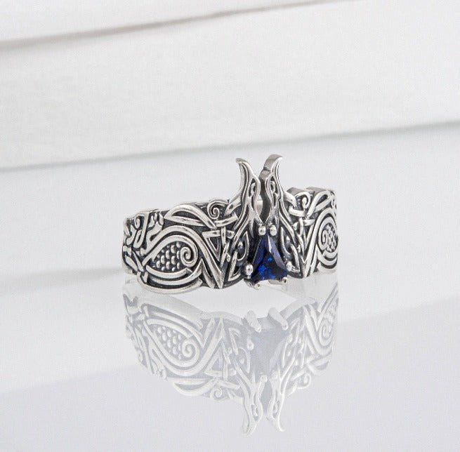 Unique Viking ravens ring with blue gem, handcrafted norse ornament jewelry - Image 7