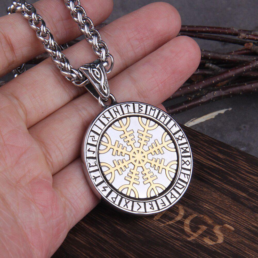 Helm of Awe and Vegvisir Compass Rotating Gold and Steel Talisman Medallion Necklace - Image 3