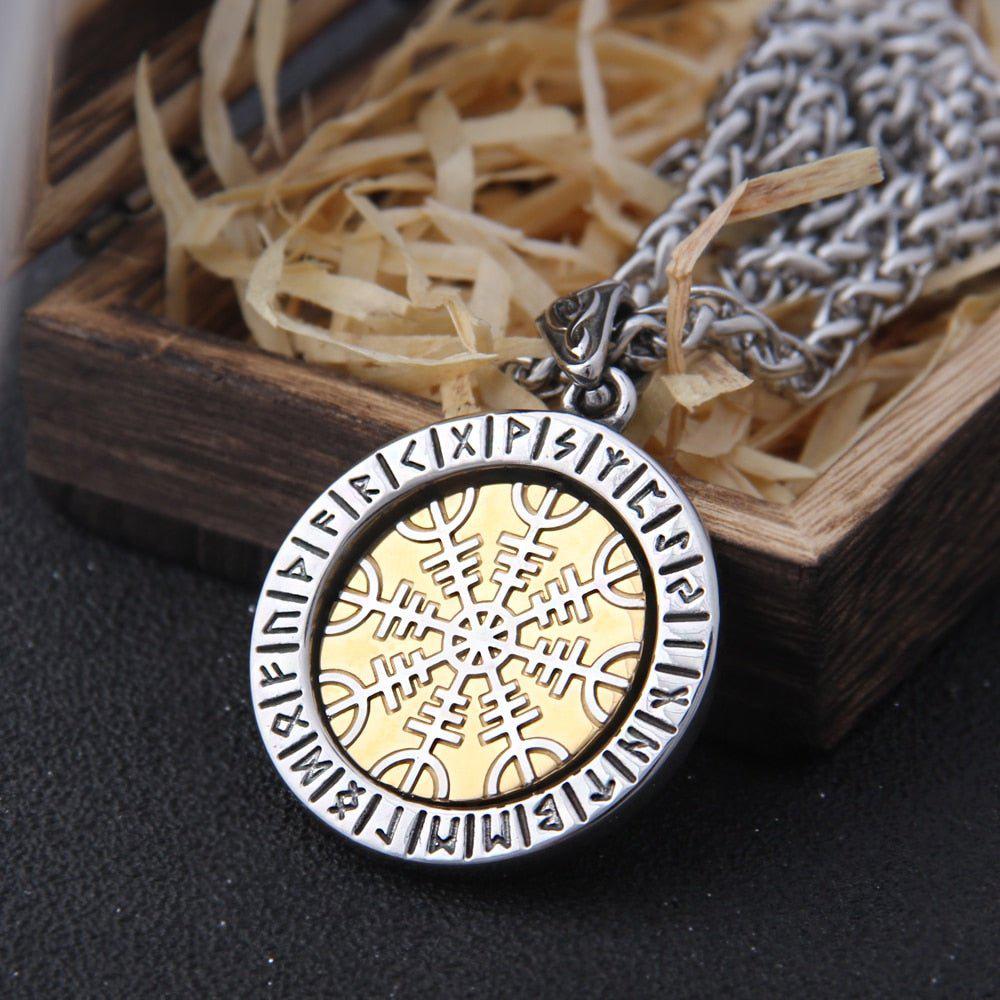 Helm of Awe and Vegvisir Compass Rotating Gold and Steel Talisman Medallion Necklace - Image 4