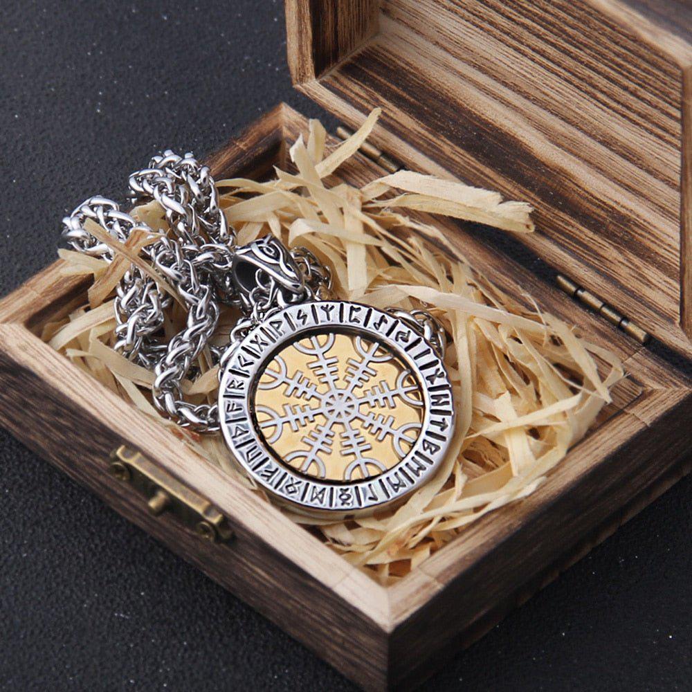 Helm of Awe and Vegvisir Compass Rotating Gold and Steel Talisman Medallion Necklace - Image 5
