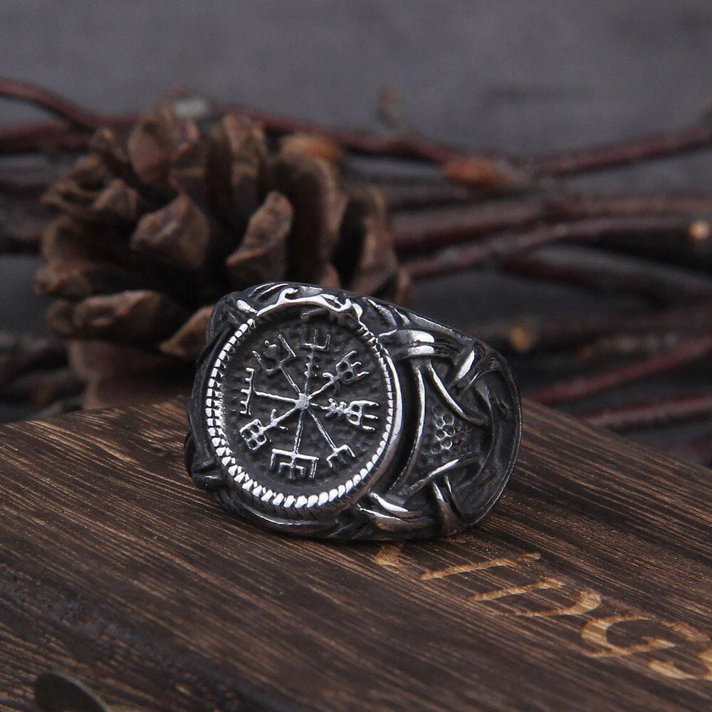 Vegvisir Compass Jormungandr Knotwork Ring in Steel - Image 5
