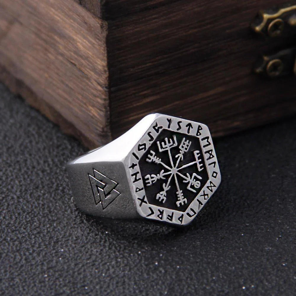 Hexagon Steel Viking Compass Vegvisir Ring - Image 4