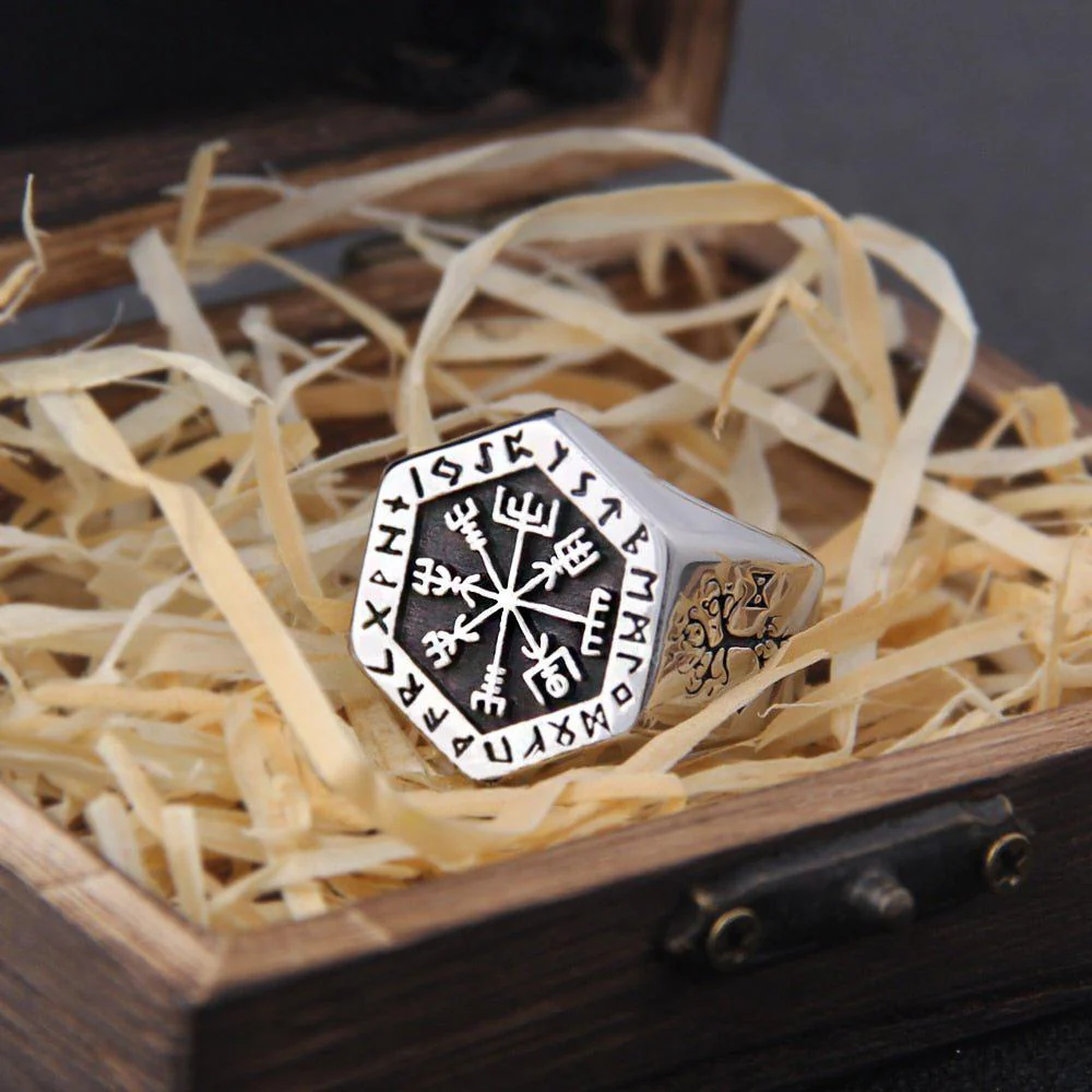 Hexagon Steel Viking Compass Vegvisir Ring - Image 5