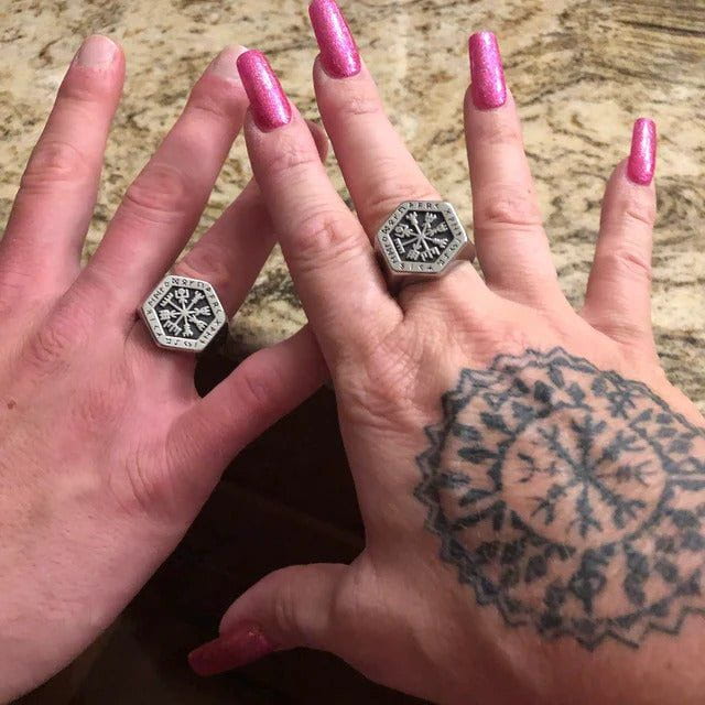 Hexagon Steel Viking Compass Vegvisir Ring - Image 6