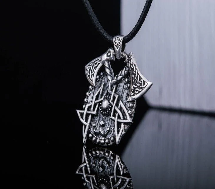 Viking Axes with Shield Sterling Silver Norse Necklace