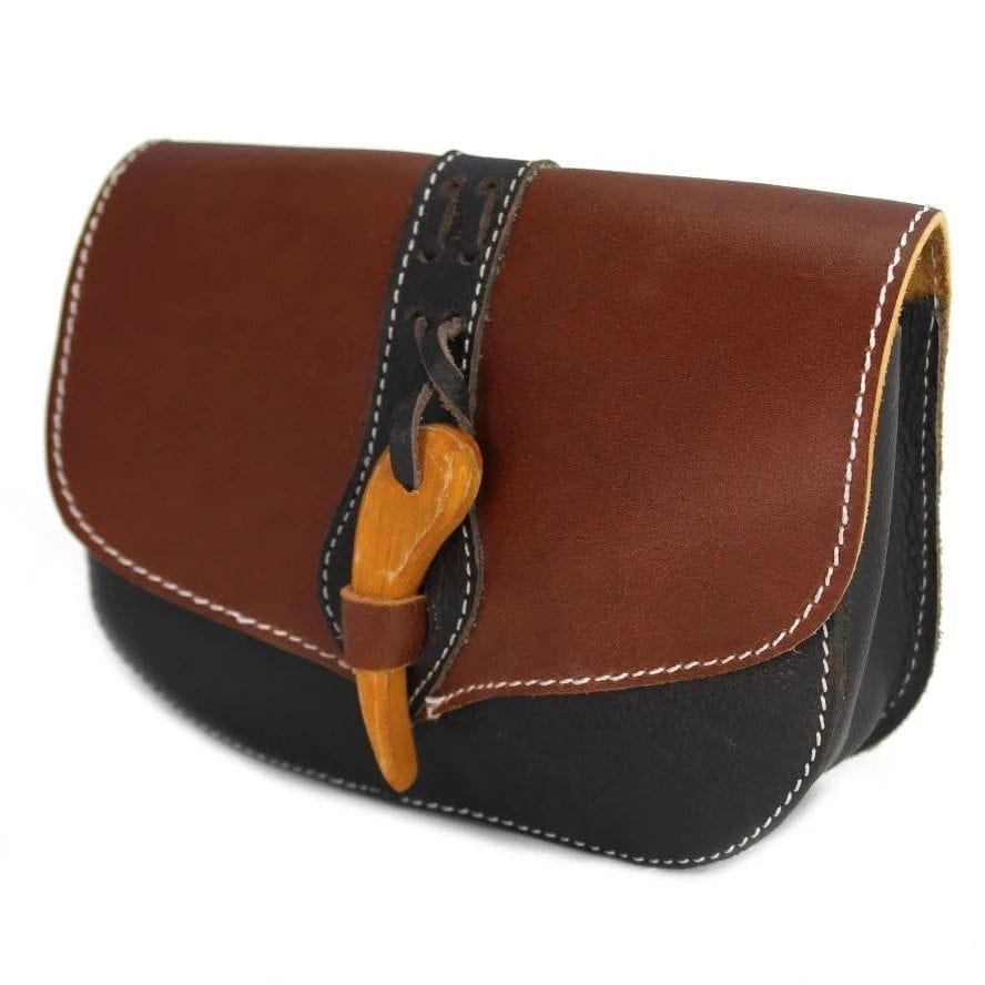 Brown Viking Leather Belt Pouch | Wooden Clasp Closure - Image 3