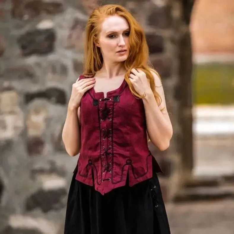 Red Bodice with Lace and Embroidery | Full Front & Back Lacing