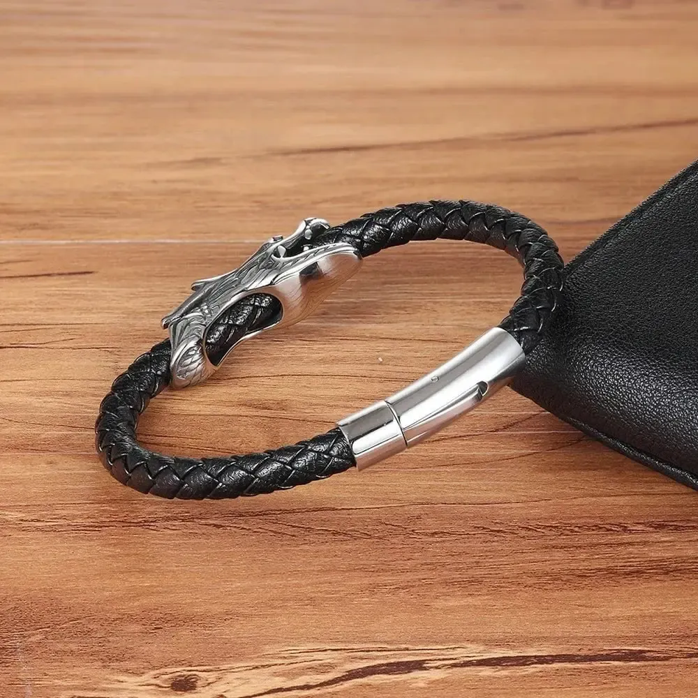 Viking Dragon Bracelet with Leather Strap and Dragon in Ouroboros - Image 3
