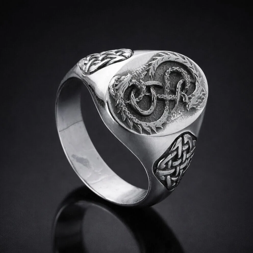 Viking Serpent Celtic Knot Silver Signet Ring